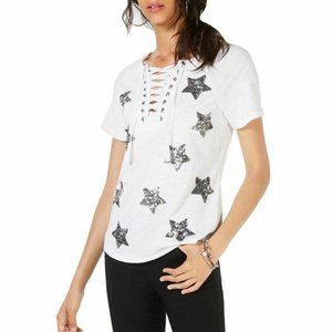 INC Sequin-Star Cotton Lace-Up T-Shirt